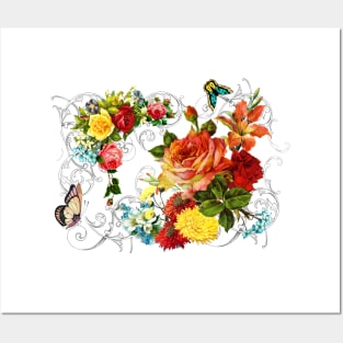 Orange Roses Chrysanthemums, Tiger Lilies Butterflies Scrolls Posters and Art